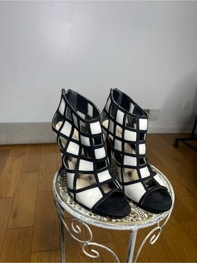 N.Y.L.A. Black and White Cage Cutout Heel Sandals